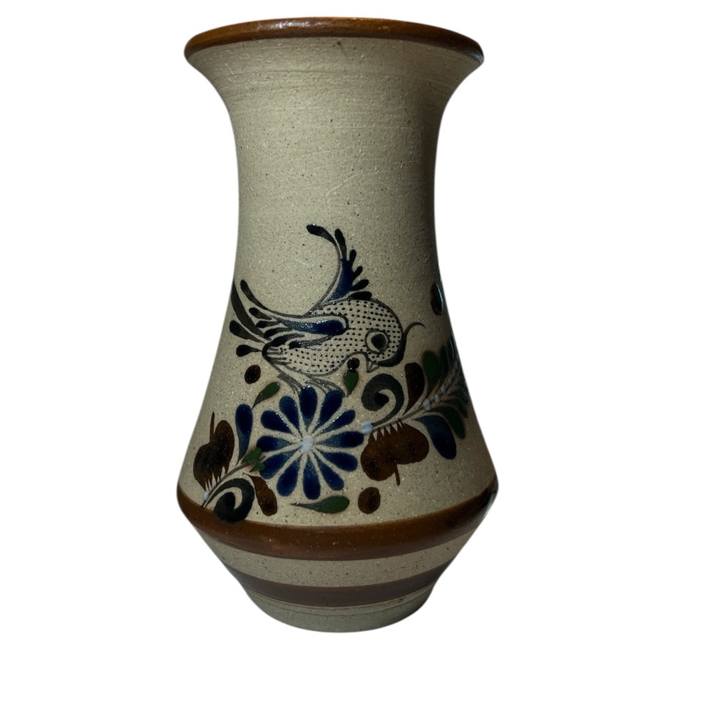 Handcrafted Mexican Tonala Floral Ceramic Vase with Bird Design signed 6”